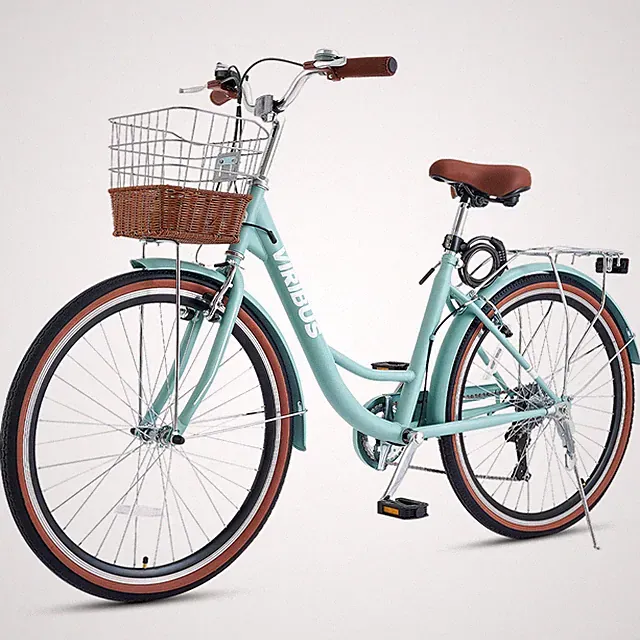 24'' Women's Beach Cruiser Bike 7 Speed Bicycle with Storage Basket Blue