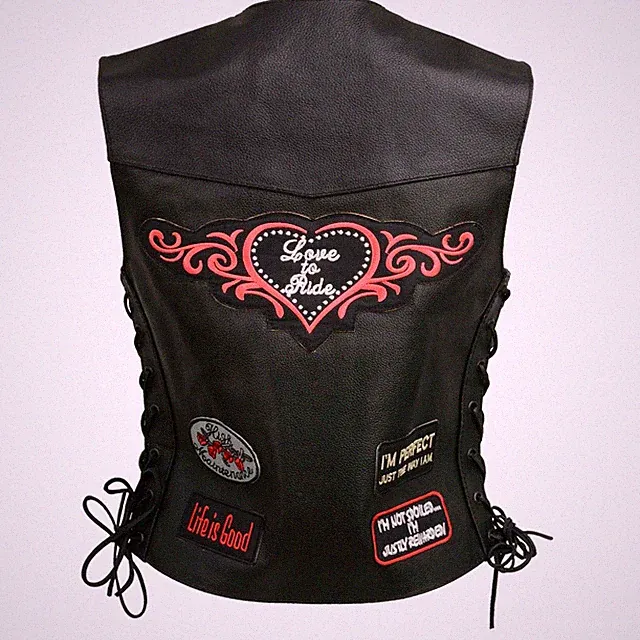 ELL4900 Women’s 'Love to Ride' Black Leather Motorcycle Patched Embroidered V...