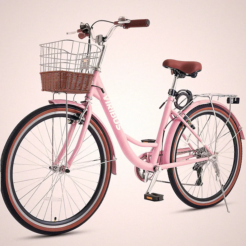 VIRIBUS 7-Speeds Women's Bike 24/26Inch Beach Cruiser Bicycle with Rattan Basket
